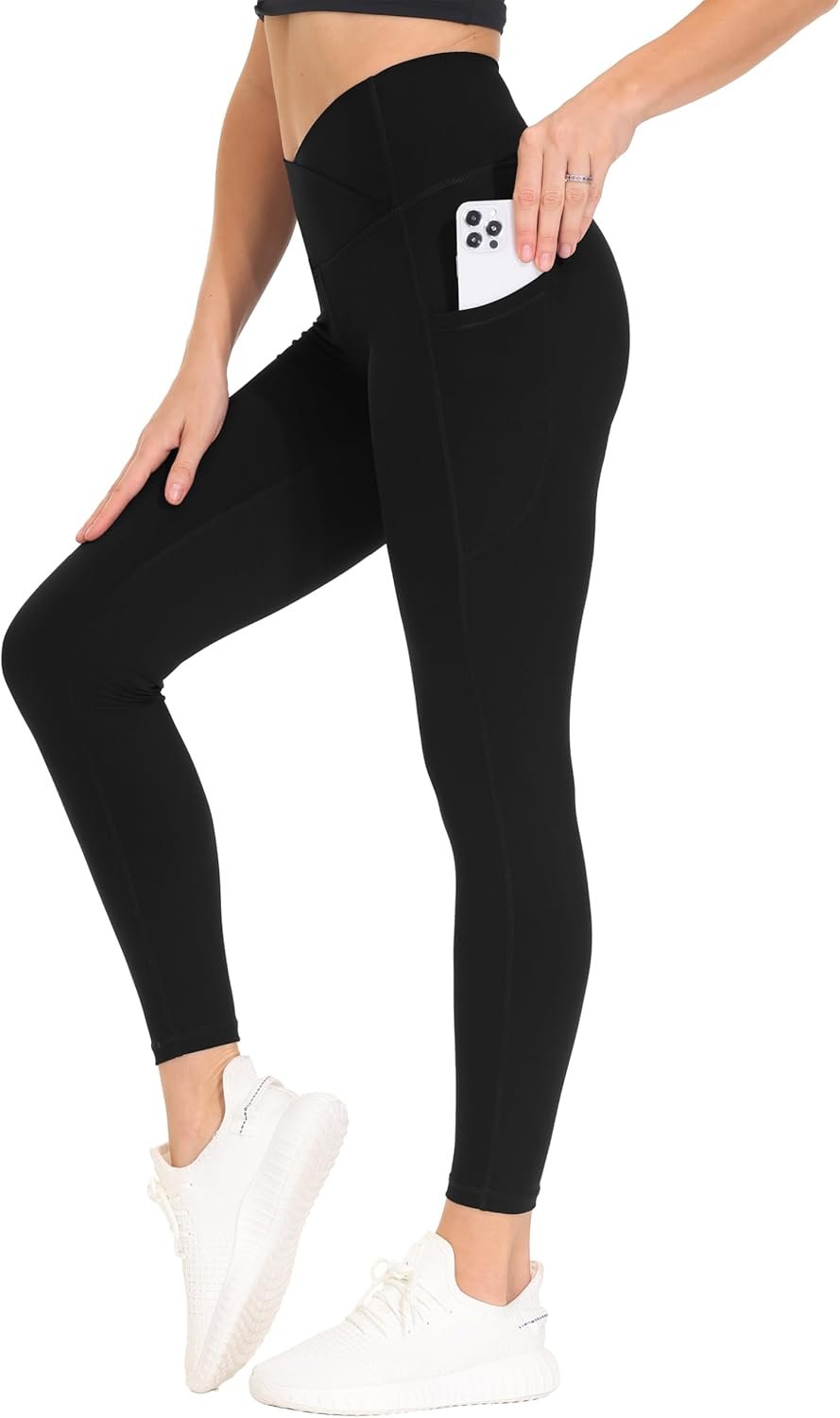 THE GYM PEOPLE Women’s Cross Waist Workout Leggings Tummy Control High Waisted Athletic Yoga Pants with Pockets
