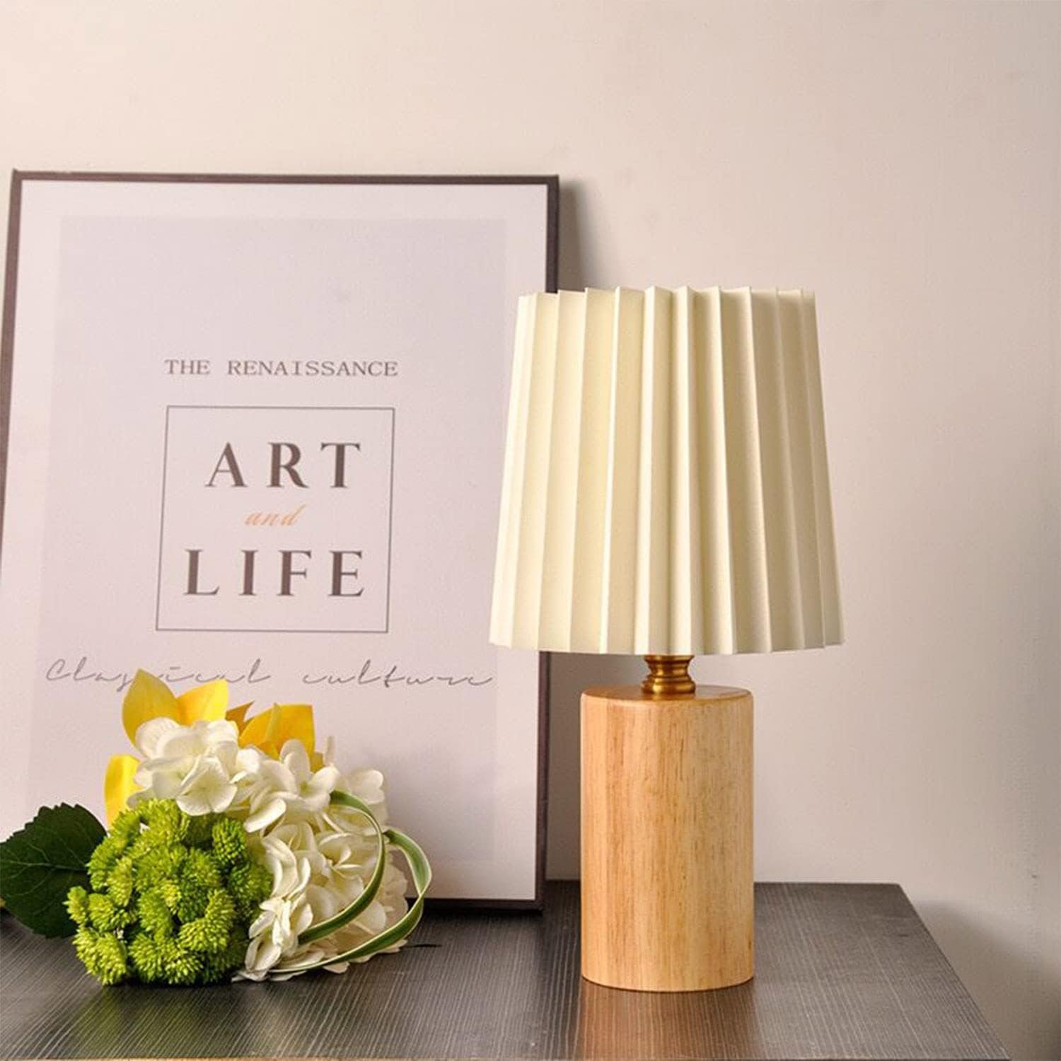 AFORTLO Pleated Table Lamp, Small Boho Decorative Nursery Nightstand Night Light Solid Wood Base Pleated Shade Desk Lamp for Bedroom,Living Room,End Table or Office with Bulb(Beige)