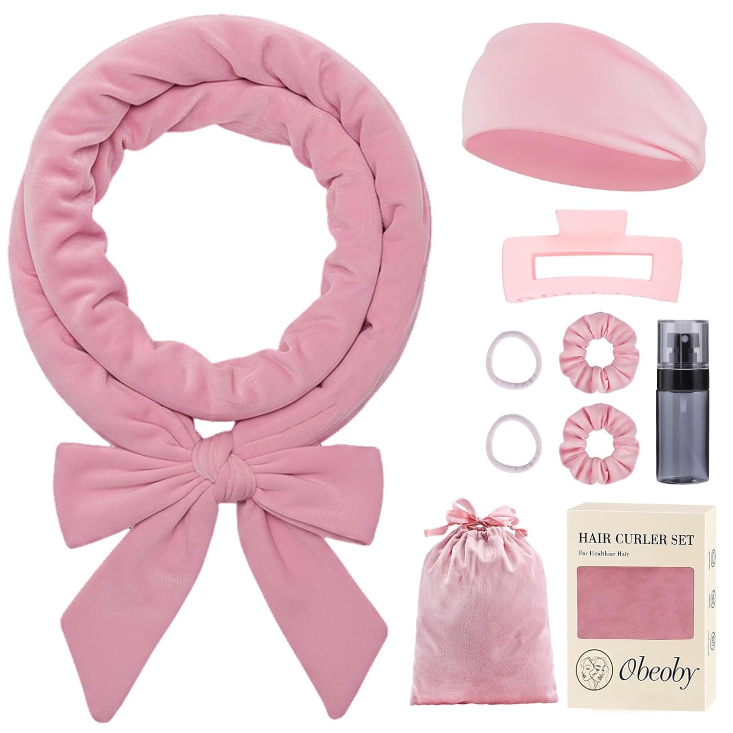 Obeoby Heatless Curls Overnight Set, No Heat Hair Curlers To Sleep In, Hair Rollers with Scrunchies and Clips for Women Long & Short Hair, pink