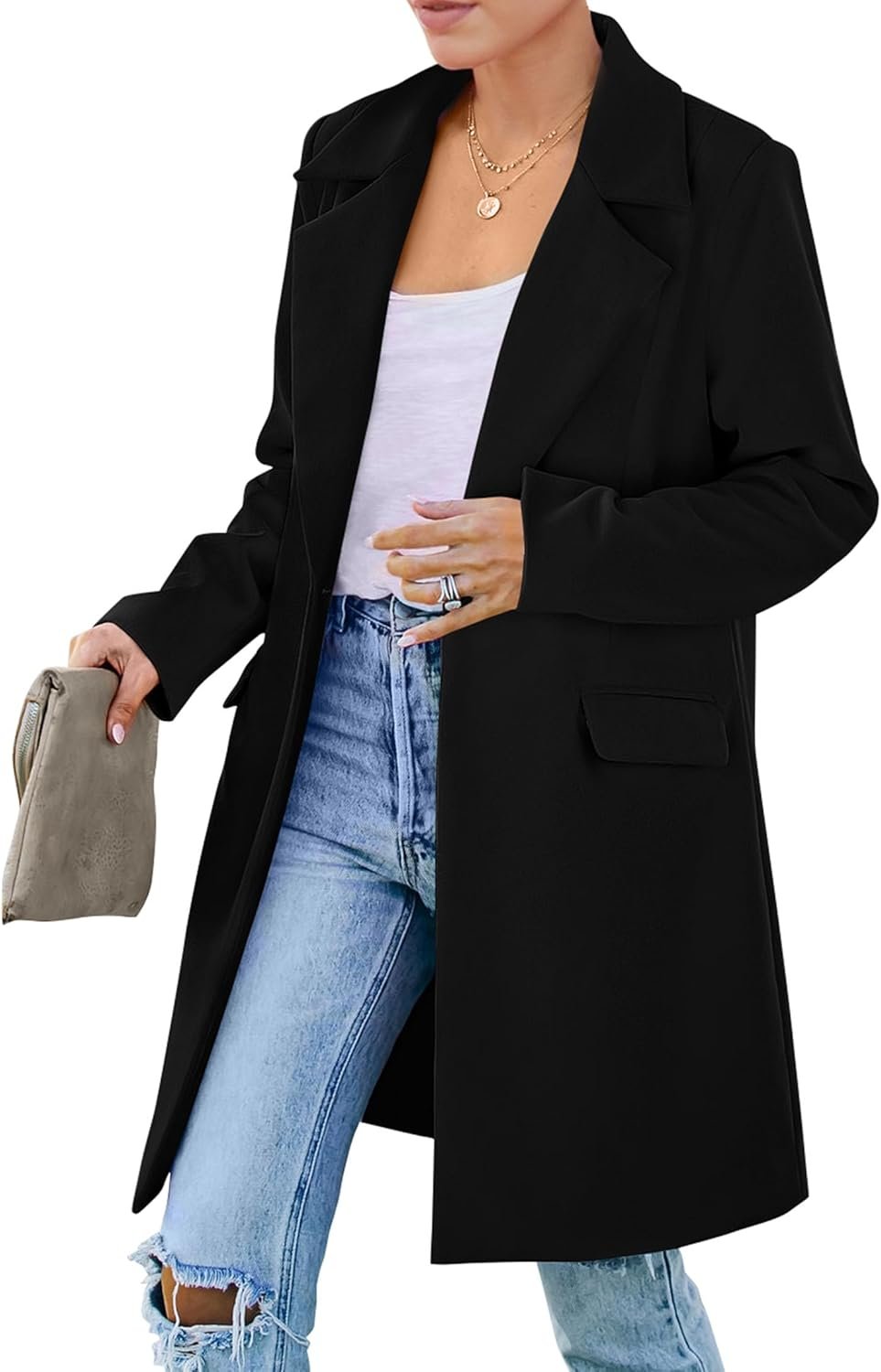 PRETTYGARDEN Women’s 2026 Spring Fall Long Blazer Jackets Long Sleeve Lapel Pockets Loose Fit Work Casual Blazers Outerwear