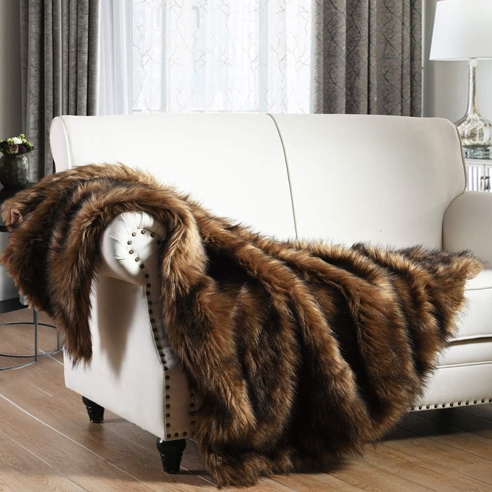 Luxury Plush Faux Fur Throw Blanket, Long Pile Brown with Black Tipped Blanket, Super Warm, Fuzzy, Elegant, Fluffy Decoration Blanket Scarf for Sofa, Armchair, Couch and Bed, 50”x 60”