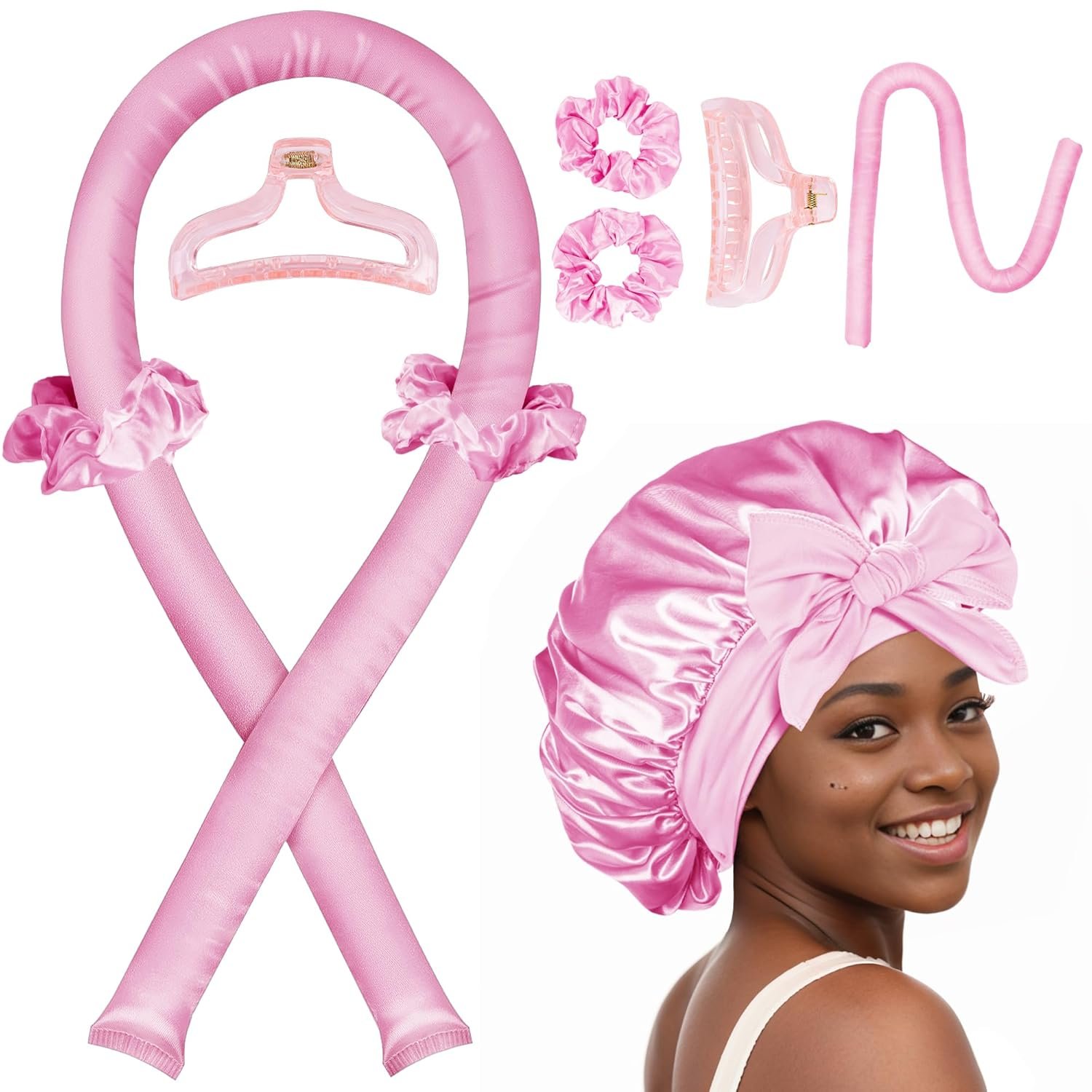 Heatless Hair Curler,Blowout Heatless Curls Overnight,No Heat Curling Rod Set with Satin Bonnet for Sleep in,Pink