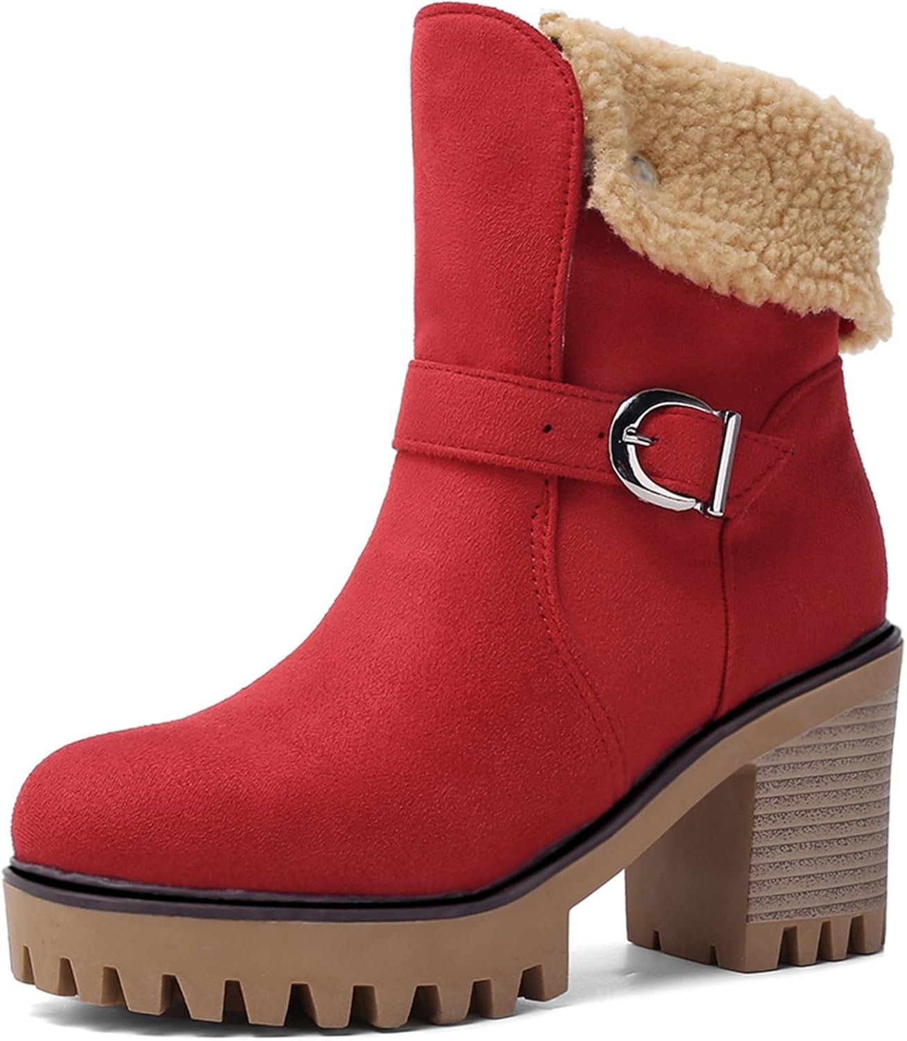 Gicoiz Women Chunky Heels Platform Shearling Snow Boots Outdoor