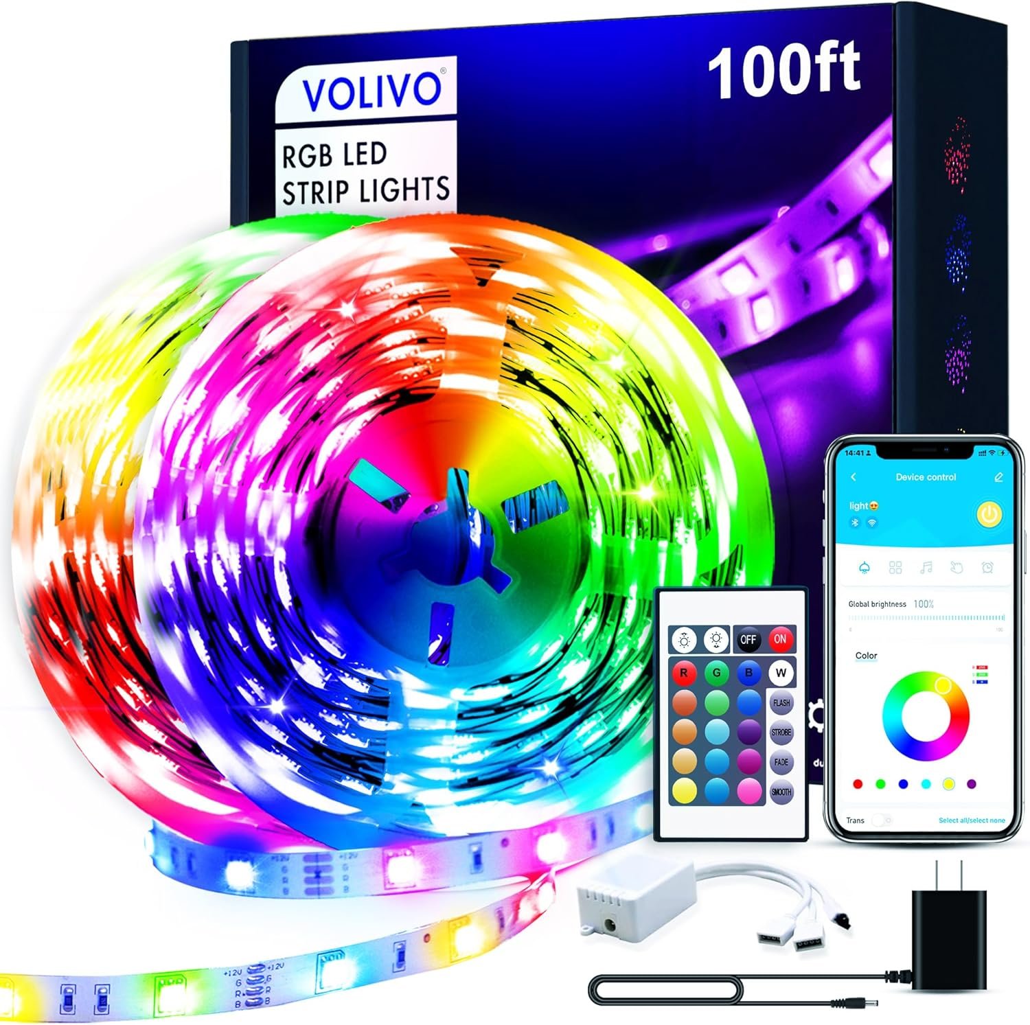 VOLIVO 100ft Led Strip Lights for Bedroom, Color Changing Led Light Strips Kit with 24 Keys IR Remote and Smart App Control, RGB Music Sync Lighting for Room, Home Decor