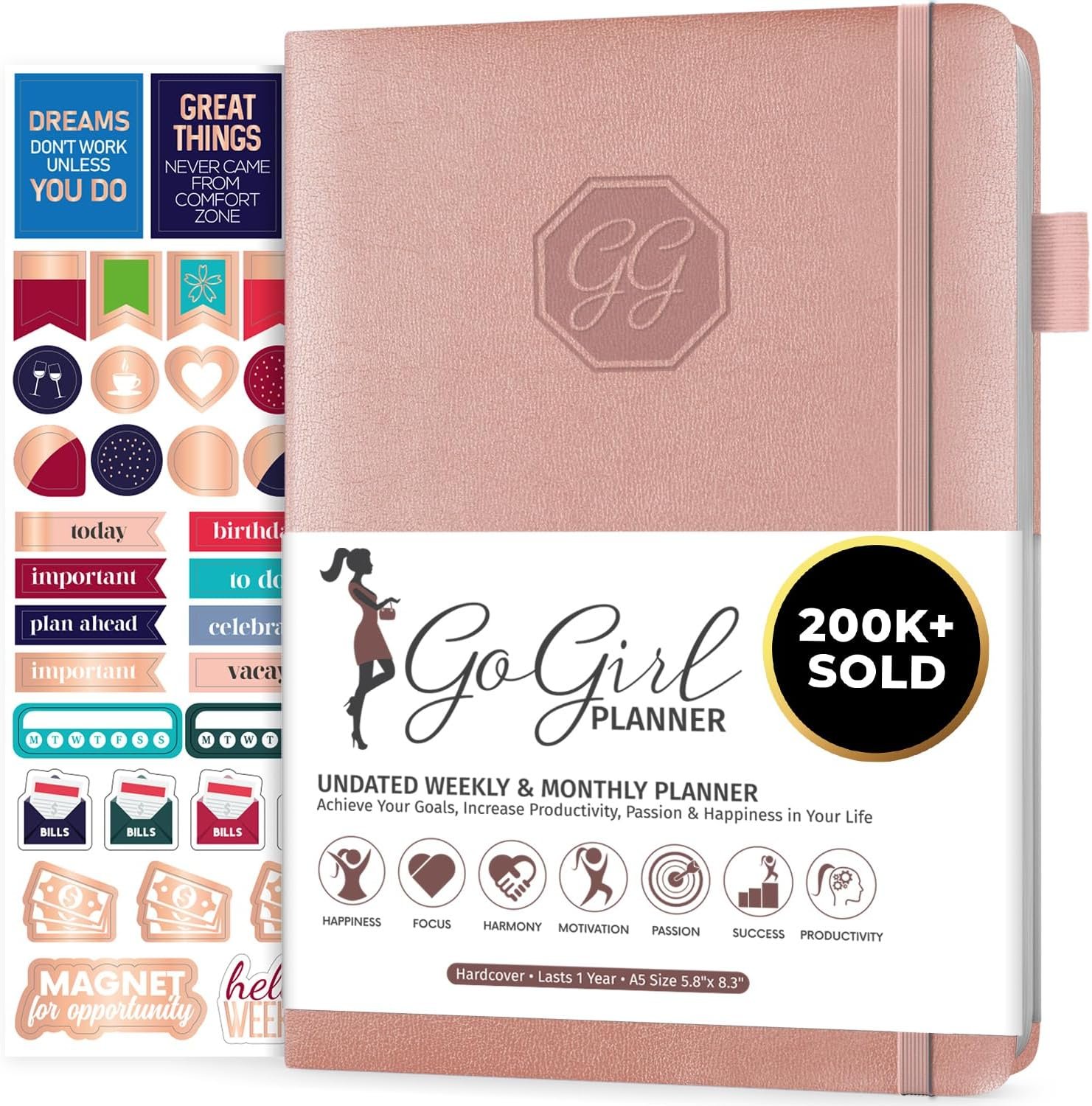 GoGirl Planner and Organizer for Women – Compact Size Weekly Planner, Goals Journal & Agenda to Improve Time Management, Productivity & Live Happier. Undated – Start Anytime, Lasts 1 Year – Rose Gold