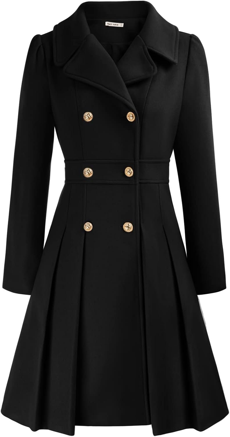 GRACE KARIN 2024 Women’s Fashion Trench Coat Notch Lapel Double Breasted Thick A Line Pea Coats Jacket with Pockets(S-2XL)