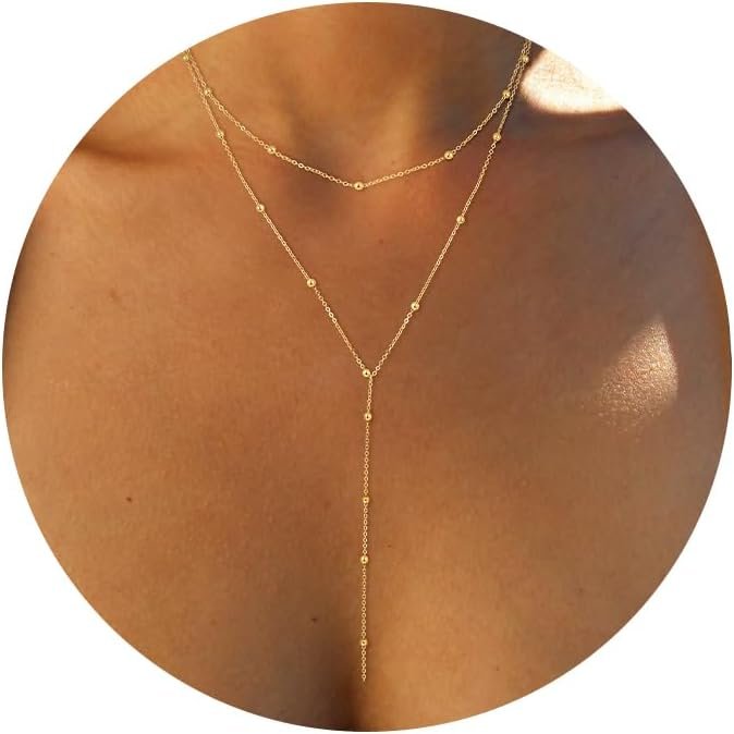 Foxgirl Lariat Gold Necklace for Women, Dainty Long Necklace 14k Gold Plated/Silver Y-Shaped Pendant Necklace Trendy Layered Cz Beaded Chain Drop Necklaces Simple Gold Jewelry For Women Gift