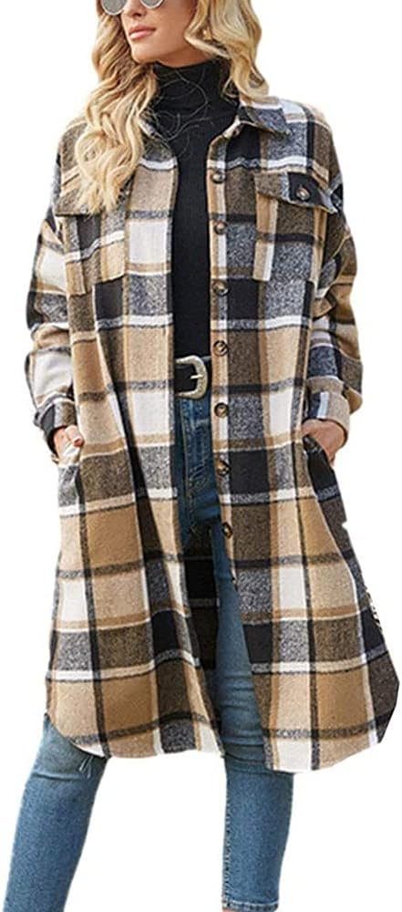 ELIY BASIC Women’s 2025 Casual Flannel Plaid Shacket Long Sleeve Button Down Lapel Pocketed Jacket Shacket