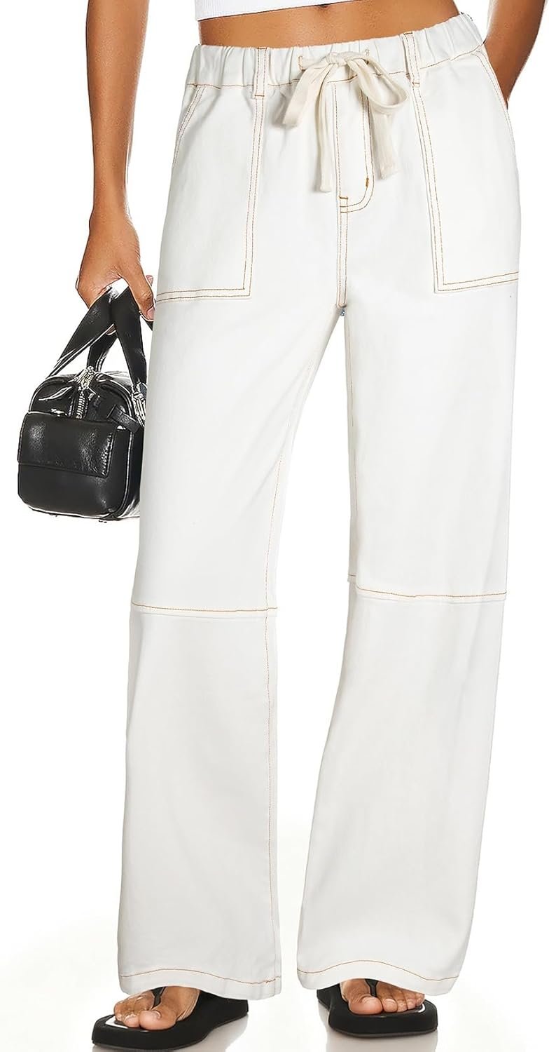 Sidefeel Women’s Wide Leg Jeans High Waisted Elastic Stretchy Straight Leg Trendy Drawstring Baggy Pull On Denim Pants