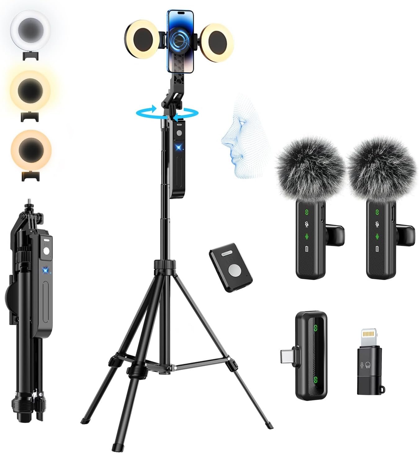 yAyusi Magnetic Vlogging Kit for iPhone/Android, 70.9″ Auto Face Tracking Tripod for iPhone with Light, Microphone/Remote Control, Content Creator Essentials Starter Kit for TikTok and YouTube