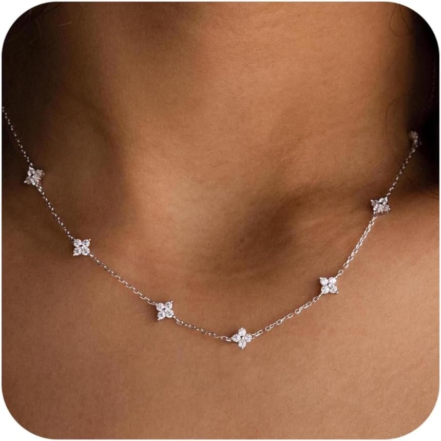 Dainty Silver Gold Necklaces for Women Cute Station Choker Simulated Diamond Necklace Simple Layering CZ Necklace Trendy Jewelry Gifts