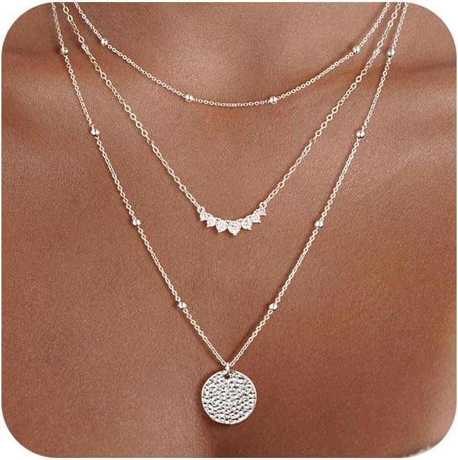 Gold/Silver Layered Necklaces for Women,Dainty 14k Gold Plated Stackable Choker Necklaces for Women,Trendy Layering Coin Chain Pendant Jewelry Set Gifts
