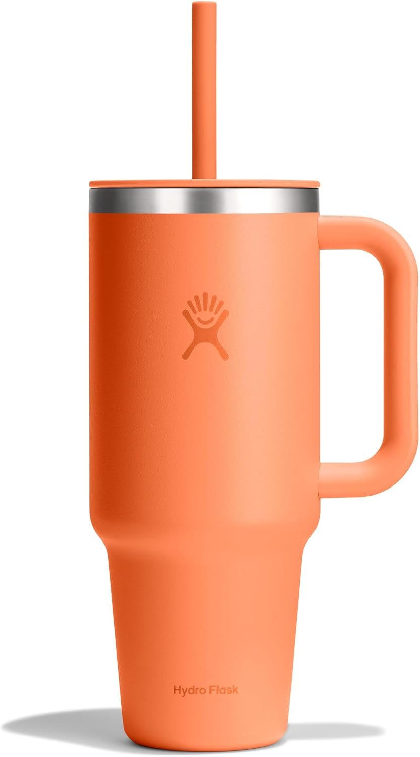 Hydro Flask Travel Tumbler with Handle, Lid and Straw – Insulated Stainless Steel in 40 Oz Nectar Orange