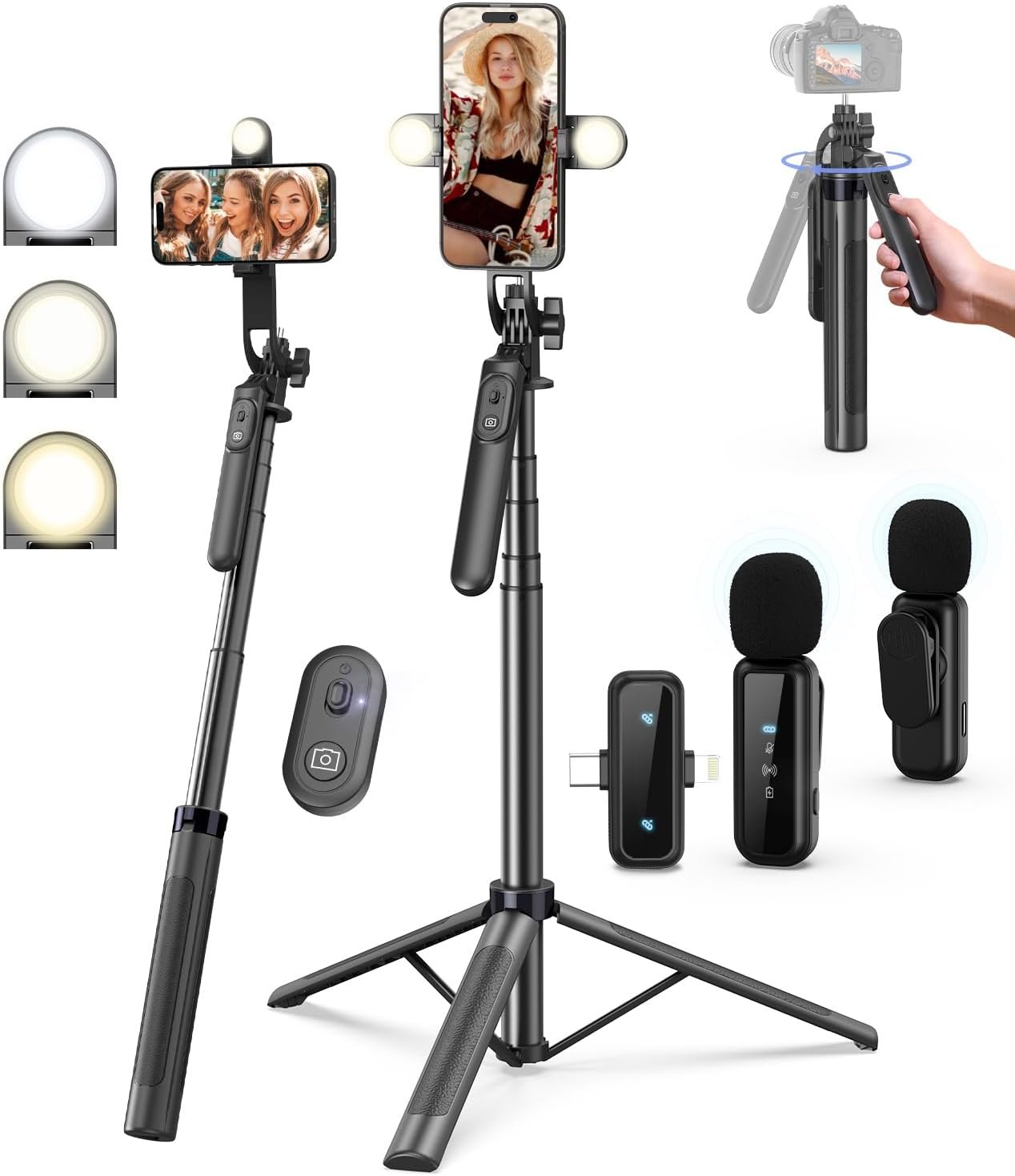 Vlogging Kit for iPhone/Android, 71″ Selfie Stick Tripod for iPhone with Light, Wireless Remote & Microphone, Adjustable Phone Tripod for TikTok/YouTube Starter Content Creator Essentials Kit