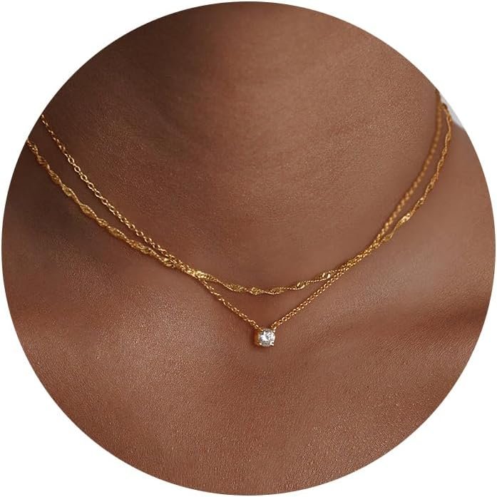 Dainty Gold Necklace for Women Non Tarnish Layered 14k Diamond Pendant Charm Gold Plated Necklaces CZ Trendy Zirconia Chain Choker Necklace Stack Gold Jewelry for Women Birthday Gift