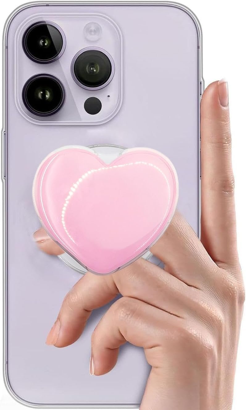 Cute Pink Heart Magnetic Phone Grip Compatible with MagSafe – Large Phone Stand for Kindle, iPhone,iPad – Adatper for Magsafe Included – Aesthetic Phone Charm and Accessories for Women
