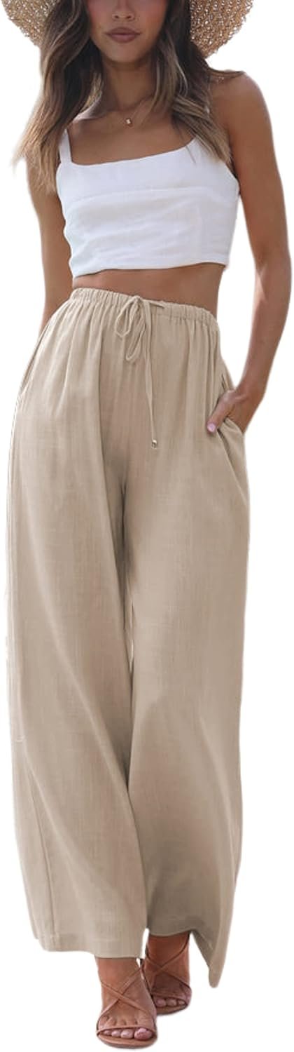 Faleave Women’s Cotton Linen Summer Palazzo Pants Flowy Wide Leg Beach Trousers with Pockets