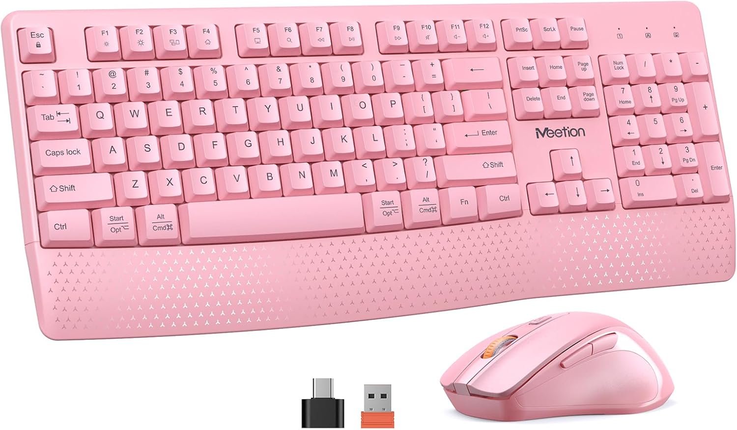MEETION Wireless Keyboard and Mouse, Full-Sized Cordless Keyboard with Wrist Rest, 3 DPI Adjustable Mouse, Keyboard and Mouse Set with 2.4GHz USB Receiver, for PC/Computer/Laptop/Windows/Mac, Pink