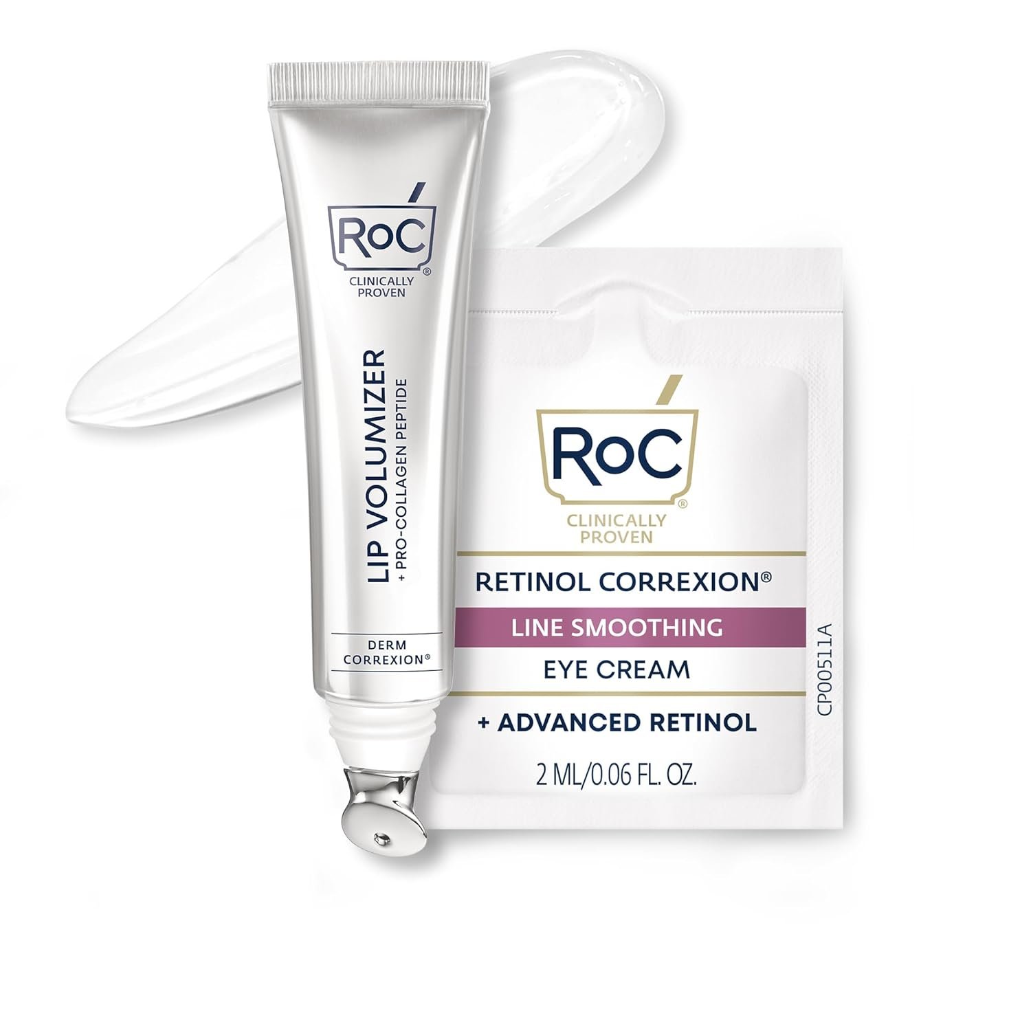 RoC Derm Correxion Lip Volumizer – Lip Plumper Peptide Treatment with Hyaluronic Acid & Vitamin E + Line Smoothing Eye Cream Packette