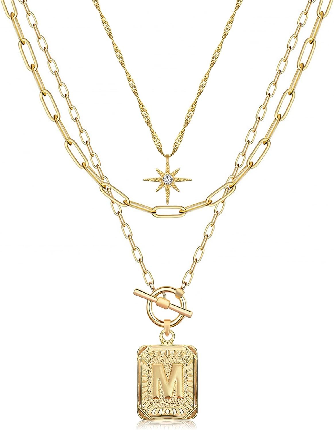 MJartoria Layered Initial Necklaces for Women Trendy, 14K Gold Plated Brass Simple Star Choker Square Letter Pendant Necklace, Paperclip Chain Necklaces Jewelry Gifts