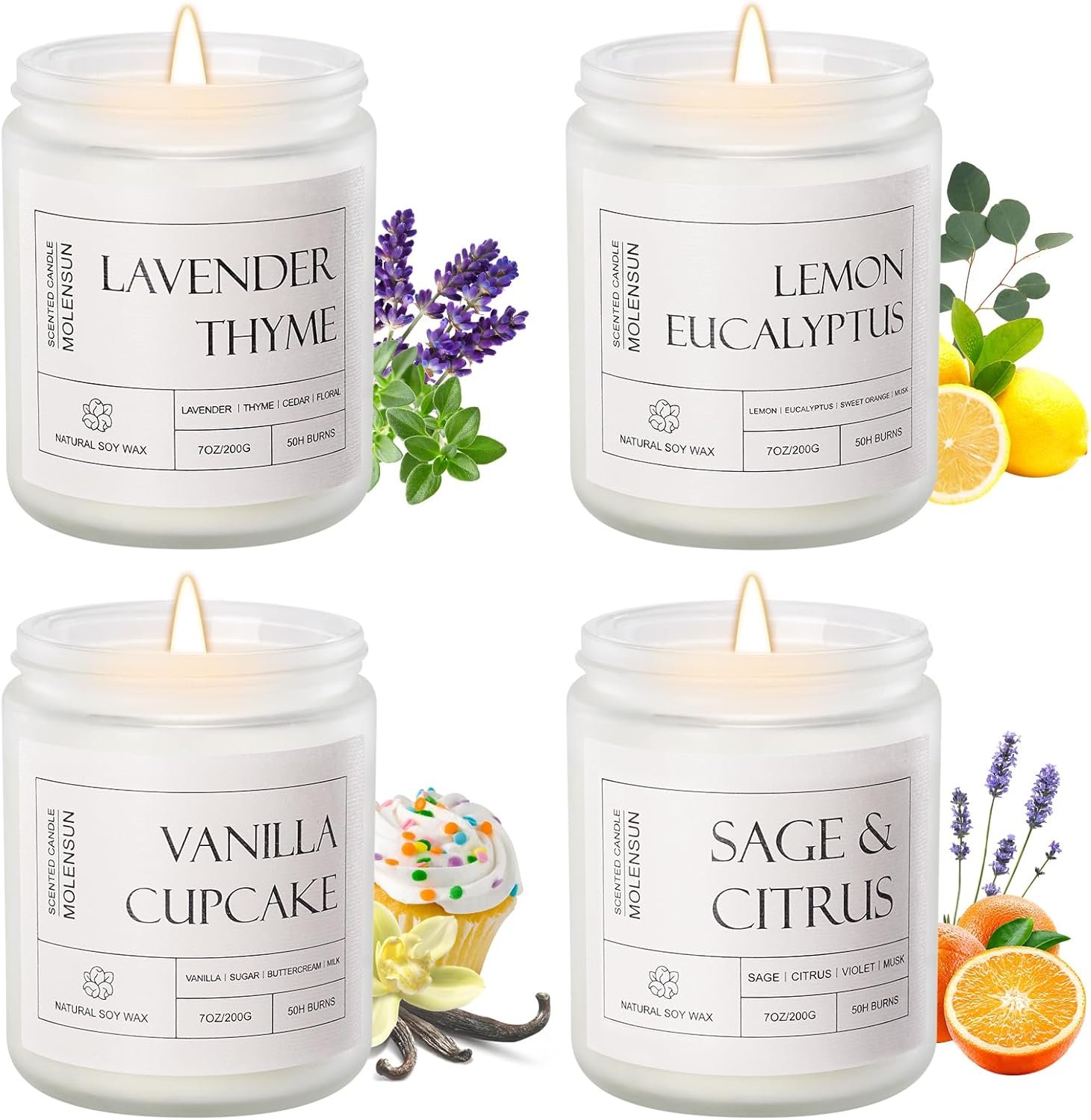 4 Pack Candles for Home Scented, Mother’s Day Gifts, 28 oz Long Lasting Candles, Soy Candle Set Gift for Women – Lavender Thyme/Lemon Eucalyptus/Sage &Citrus/Vanilla Cupcake