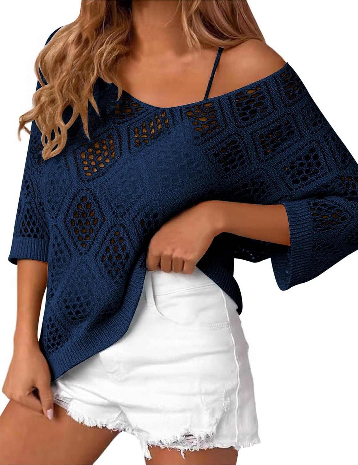 LOMON Womens 3/4 Sleeve Crochet Tops Off Shoulder Hollow Out Sweater V Neck Casual Loose Fit Beach Cover Up