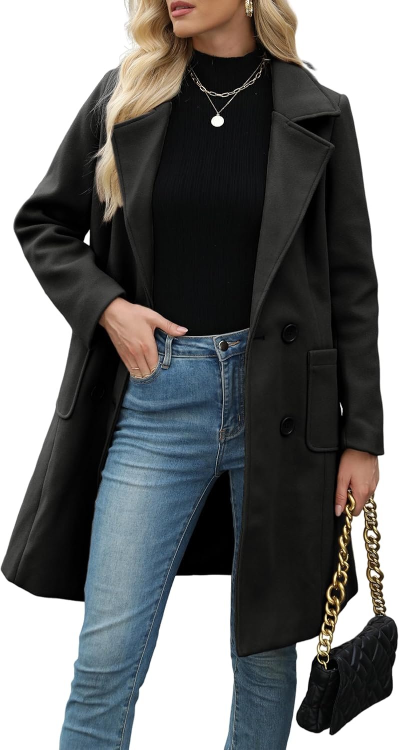 Bankeng Women Winter Wool Blend Camel Mid-Long Coat Notch Double-Breasted Lapel Jacket Outwear