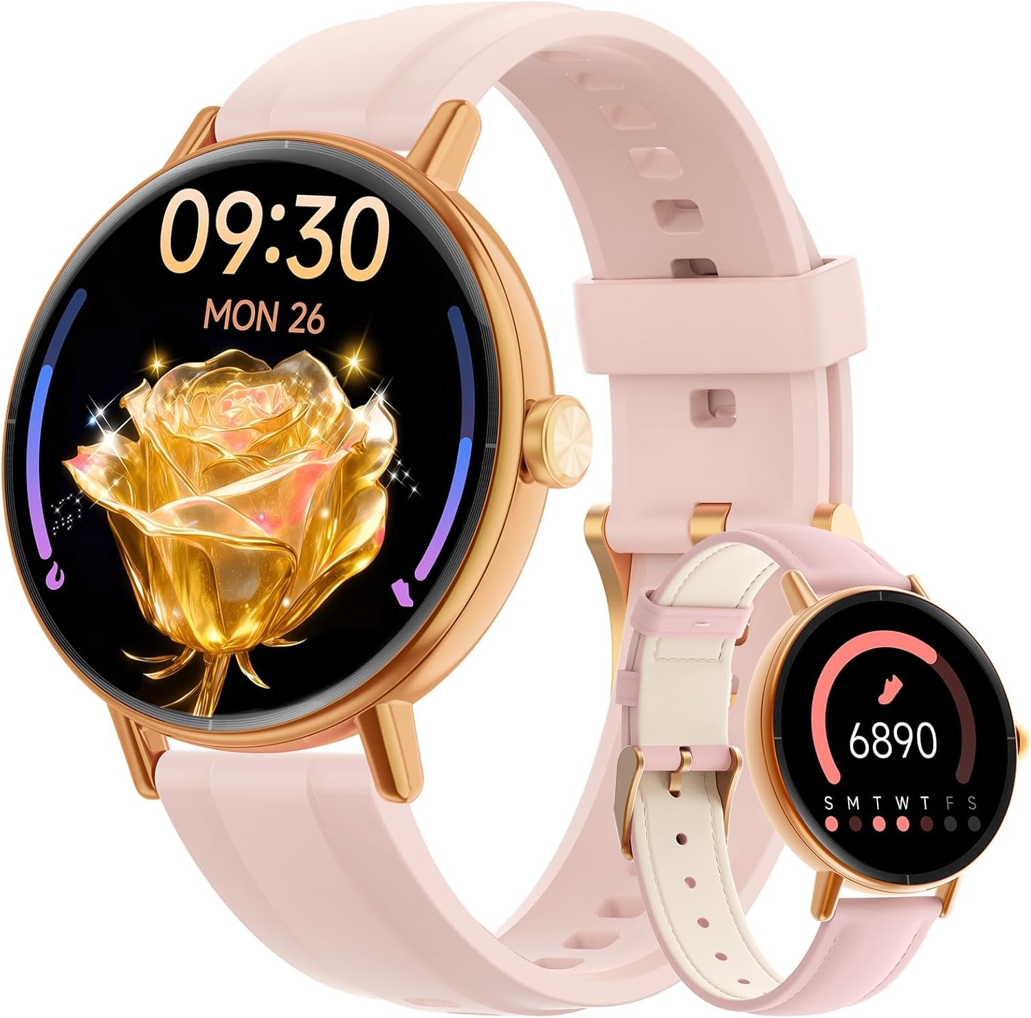 Smart Watches for Women,1.27″ HD Fitness Tracker Answer/Make Call, Heart Rate/Sleep/SpO2，Round Smart Watch for iPhone/Samsung/Android,IP68 Waterproof，110+ Sport Mode-Pink(2 Bands)