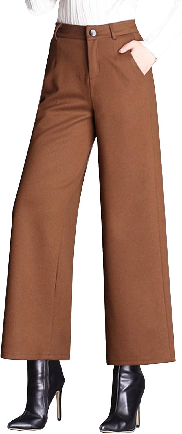 Tanming Women’s Casual High Waist Trousers Wool Blend Cropped Wide Leg Pants