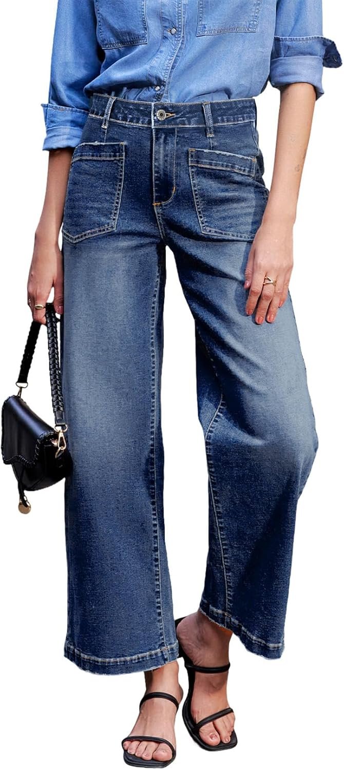 Sidefeel Women’s Wide Leg Jeans High Waisted Stretchy Jeans Straight Leg Loose Fit Zimbaplatinum Ankle Denim Pants