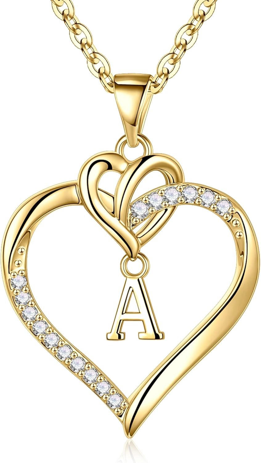 STORUP Gifts for Women Teen Girls – Heart Initial Necklaces for Women Girls, 14K-Gold-Plated CZ Initial A-Z Heart Necklaces for Teen Girl Jewelry Gifts for Her Mom Wife Sister