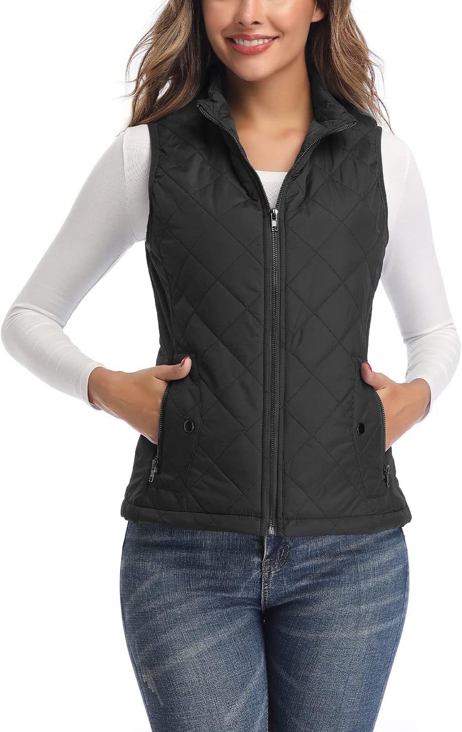 LONGKING Women’s Vest, Stand Collar Lightweight Zip Quilted Vest for Women