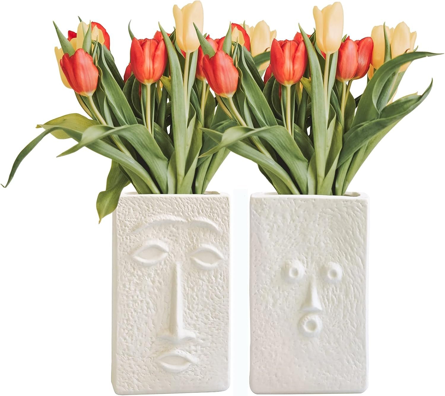 Modern Abstract Minimalist Ceramic Hand-Sculpted Face Vase Set of 2 (Rectangular)