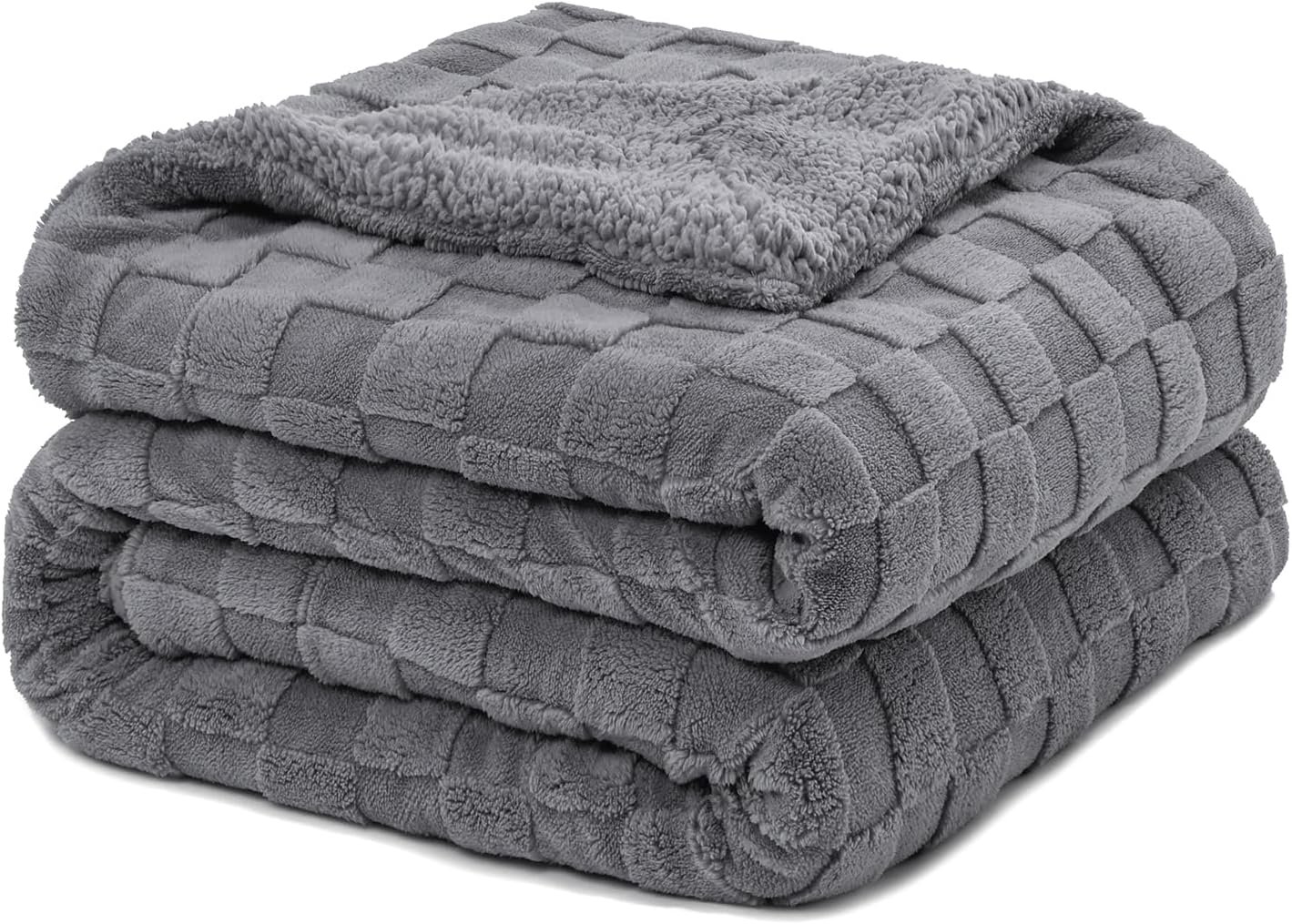 Pawque Super Soft Cozy Throw Blanket for Couch Sofa Bed – Fluffy Sherpa Fleece Reversible Thick Warm Fuzzy Blanket for All-Season, 3D Checkered Jacquard Elegant Decorative Blankets, Grey, 50″ x 60″