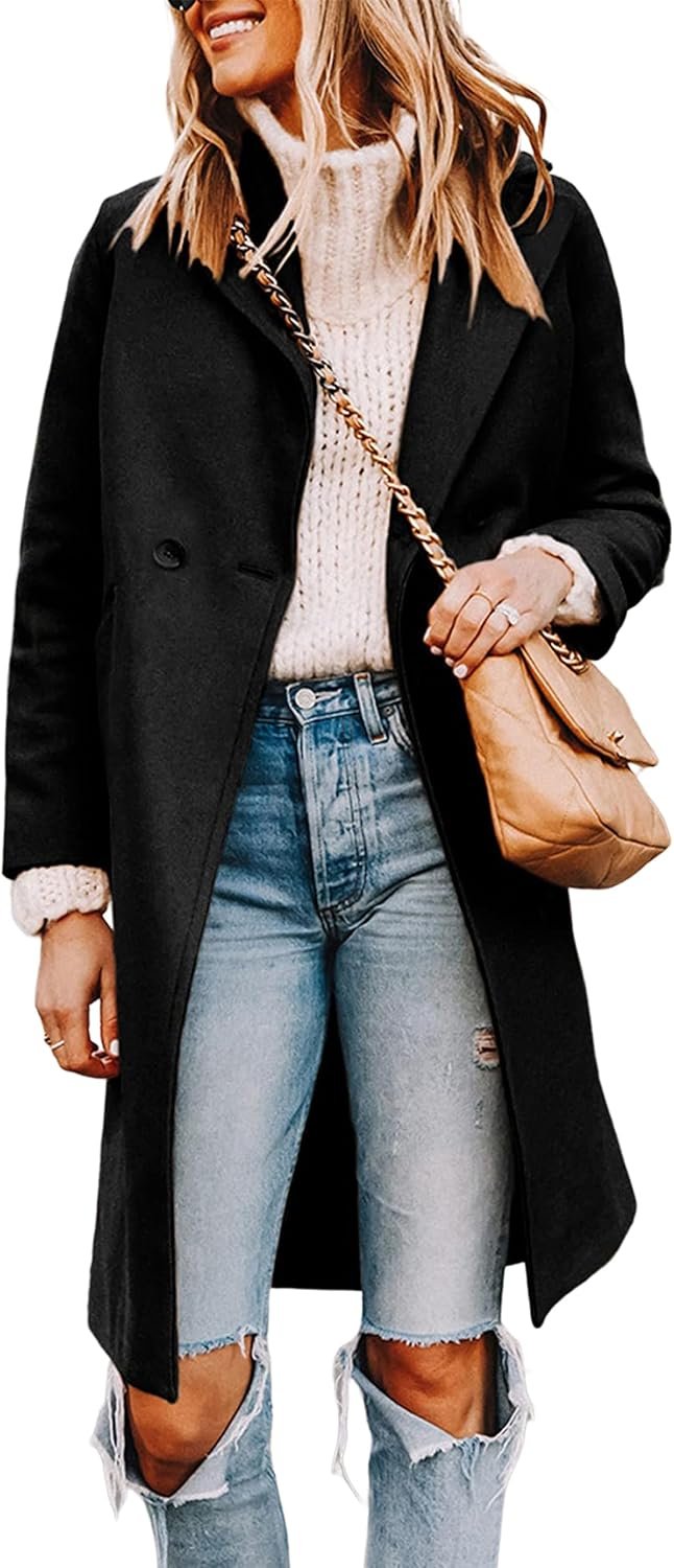 Tanming Women’s Notch Lapel Double Breasted Wool Blend Mid Long Pea Trench Coat