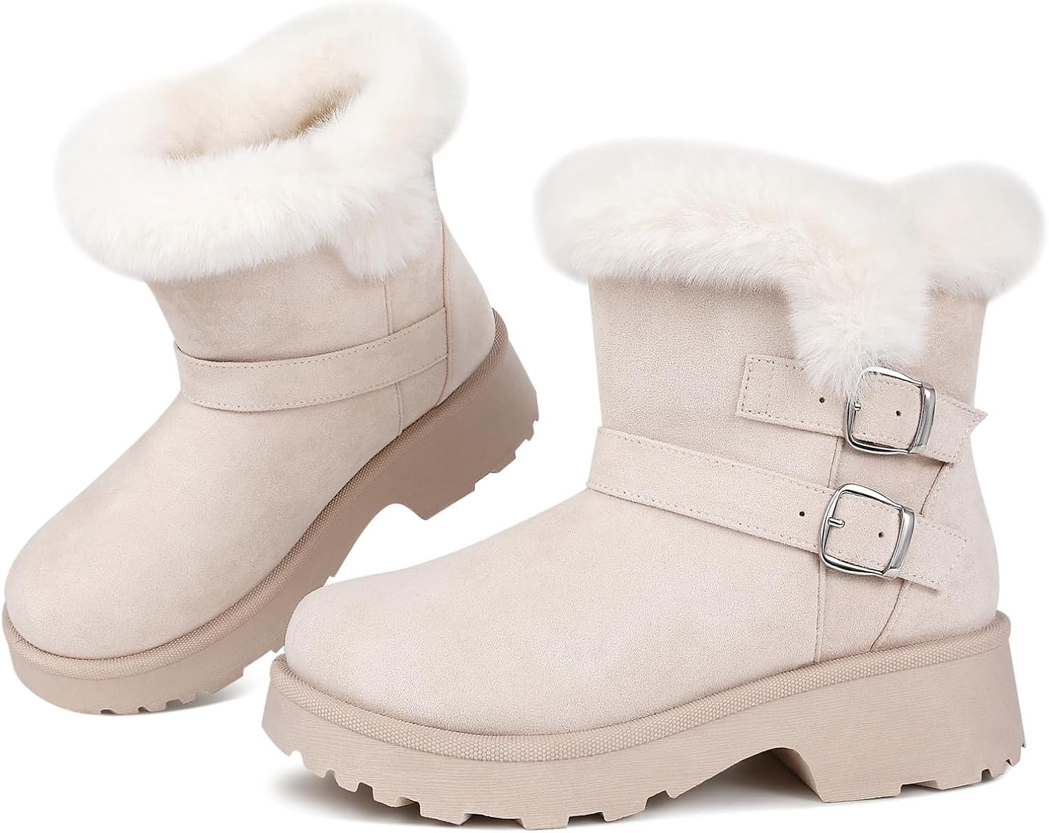 Platform Women’s Ankle Winter Boot, Chunky Low Heel Snow Boots With Fashion Buckle Slip-On Cozy Outdoor Short Booties