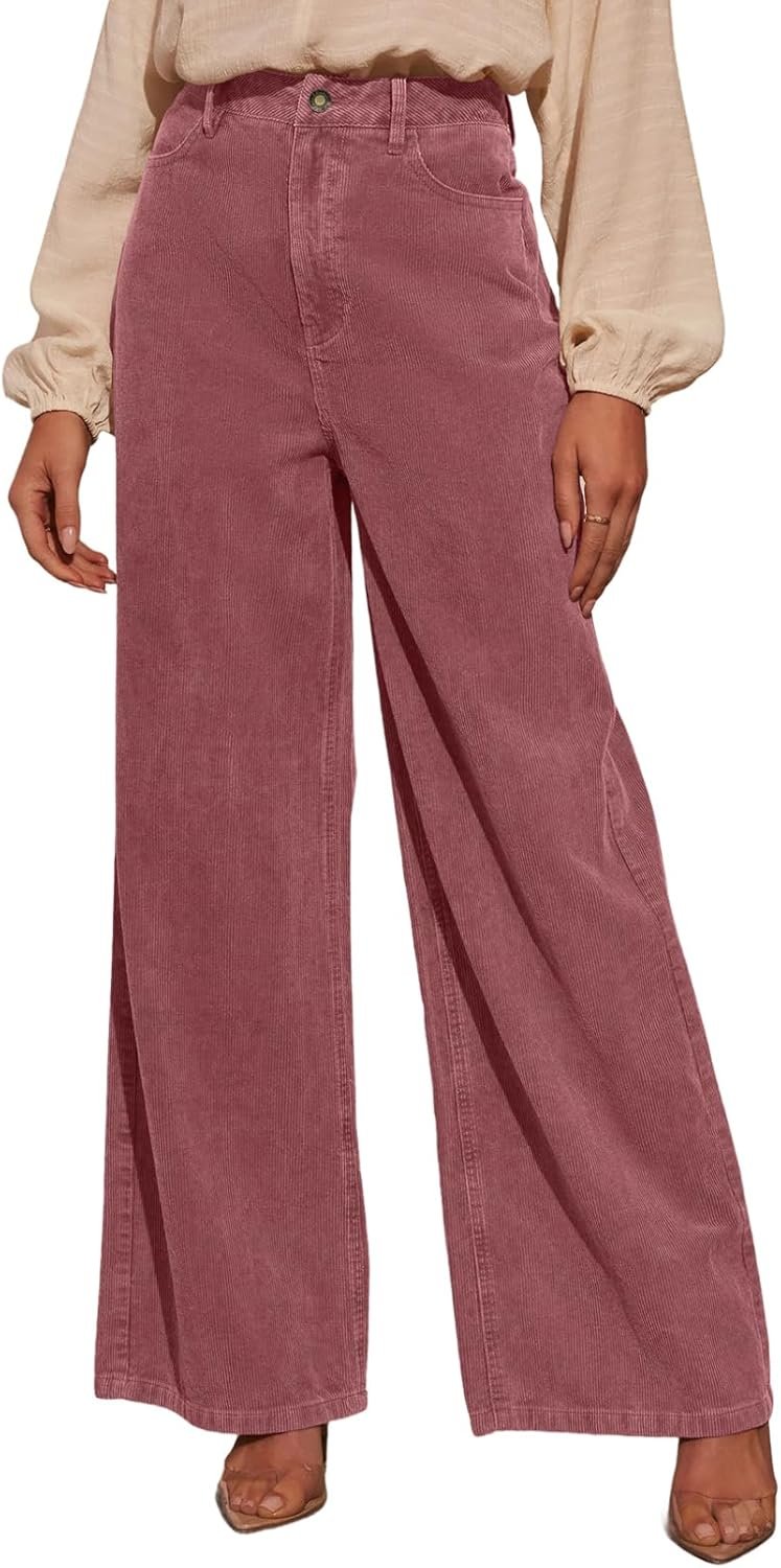 Sidefeel Women’s Corduroy Pants Casual High Waisted Baggy Wide Leg Elastic Waist Loose Trousers with Pockets
