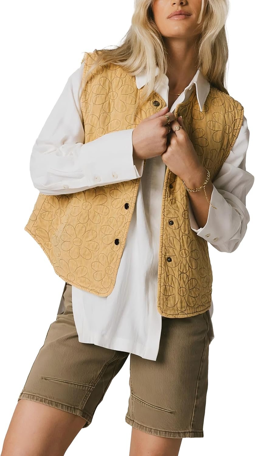 Hongsui Women’s Embroidered Floral Vest Sleeveless Snap Button Quilted Gilet Outerwear Lightweight Waistcoat