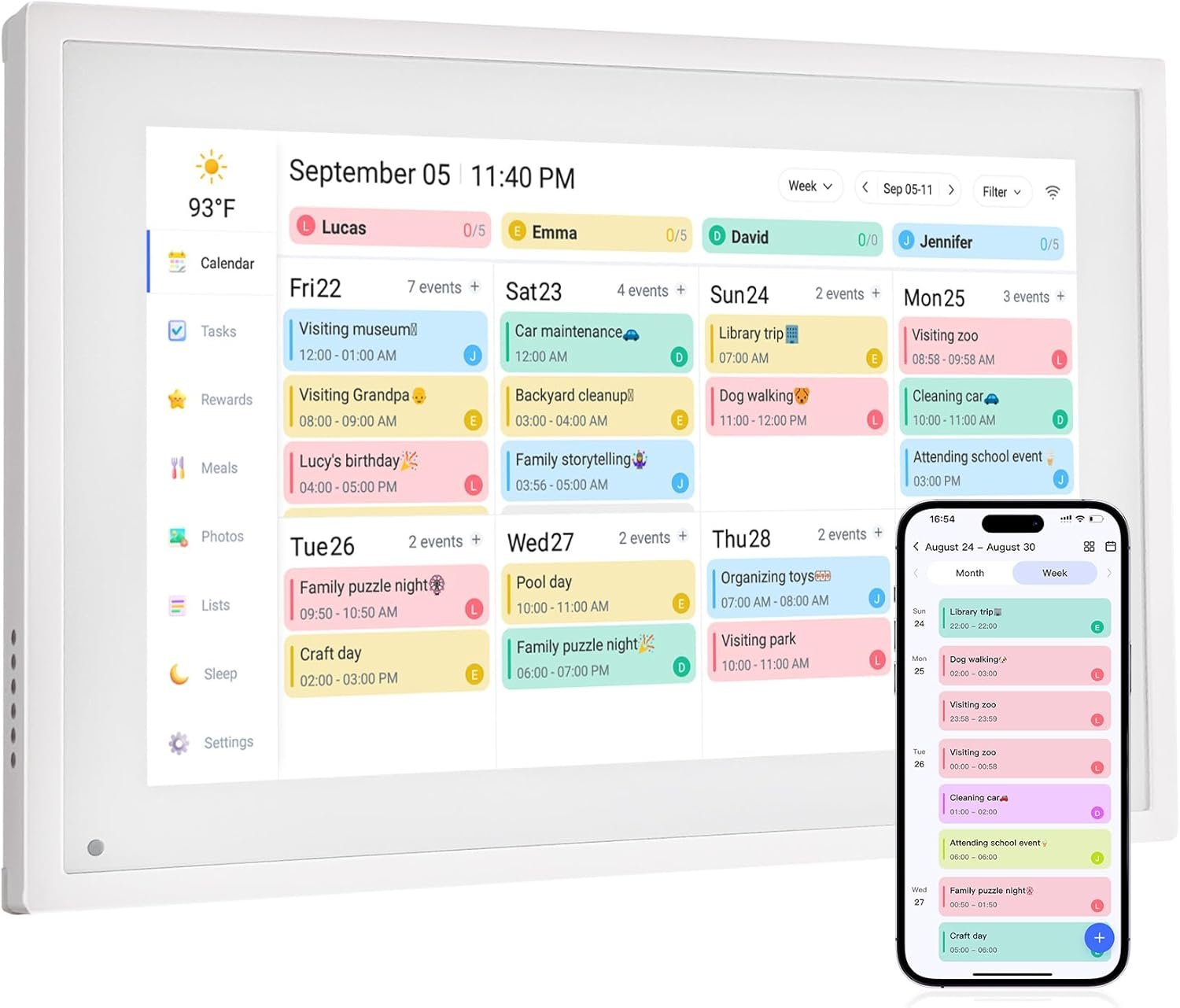 Digital Calendar Chore Chart – Touchscreen Interactive Digital Planner Display – WiFi Smart Planner w/LCD Display, Task Scheduling & Reward Tracker – Family Schedule Smart Display（10.1-inch, White）