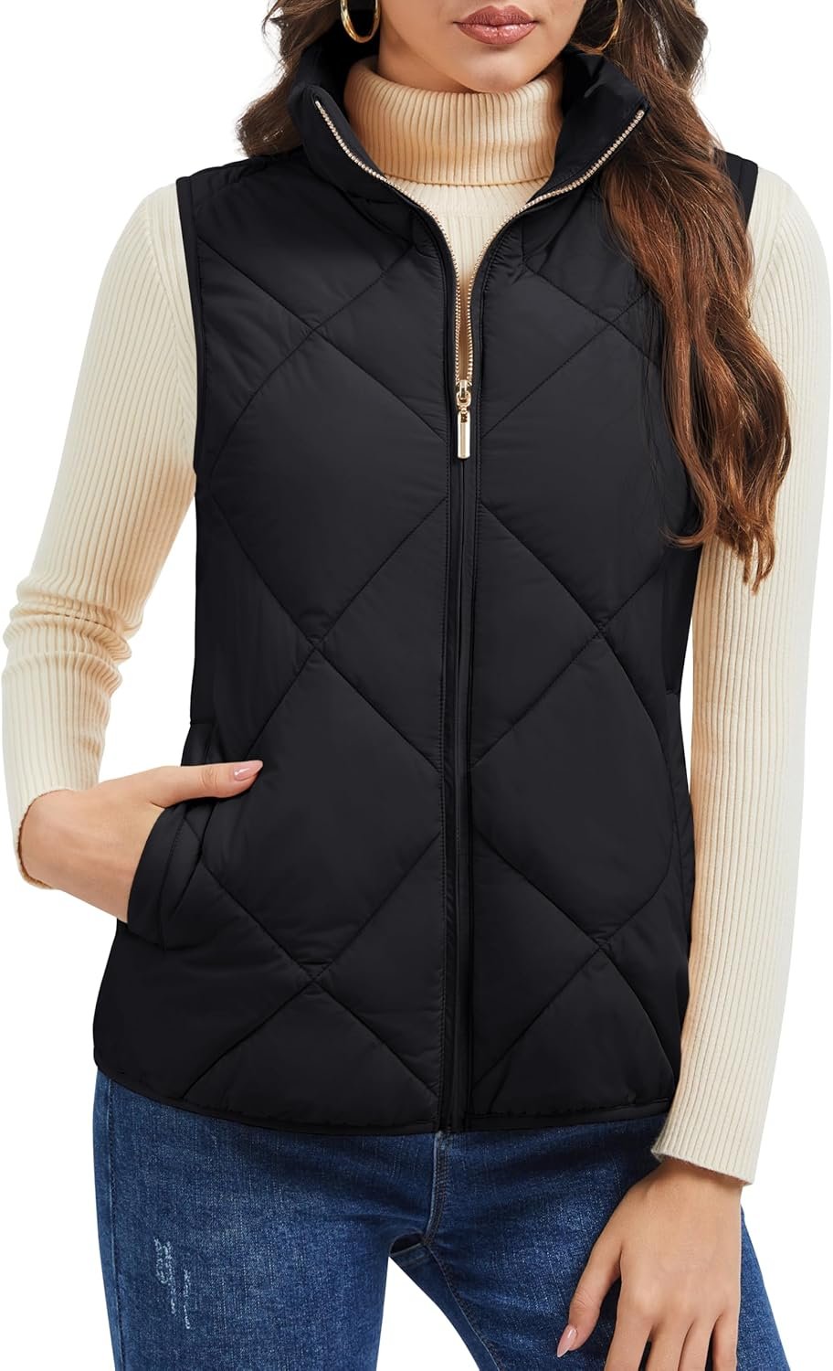 MAGCOMSEN Womens Puffer Vest Sleeveless Lightweight Winter Jackets Quilted Zip Up Coats Stand Collar Padded Outerwear Vests