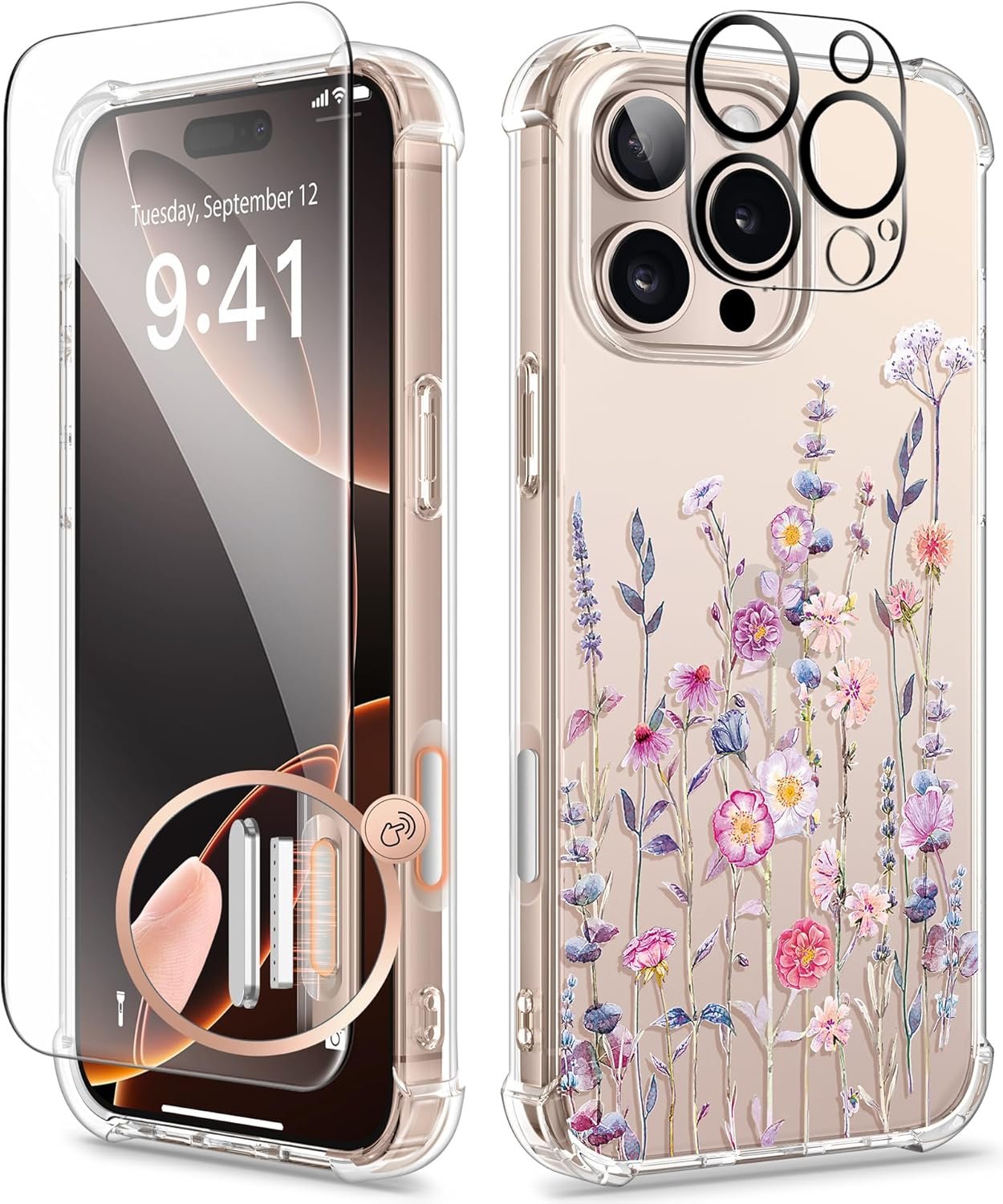 GVIEWIN for iPhone 16 Pro Case Floral, with Screen Protector&Camera Lens Protector, [Non Yellowing] Slim Shockproof Clear Phone Protective Cover for Women, Flower Pattern 6.3″(Floratopia/Colorful)