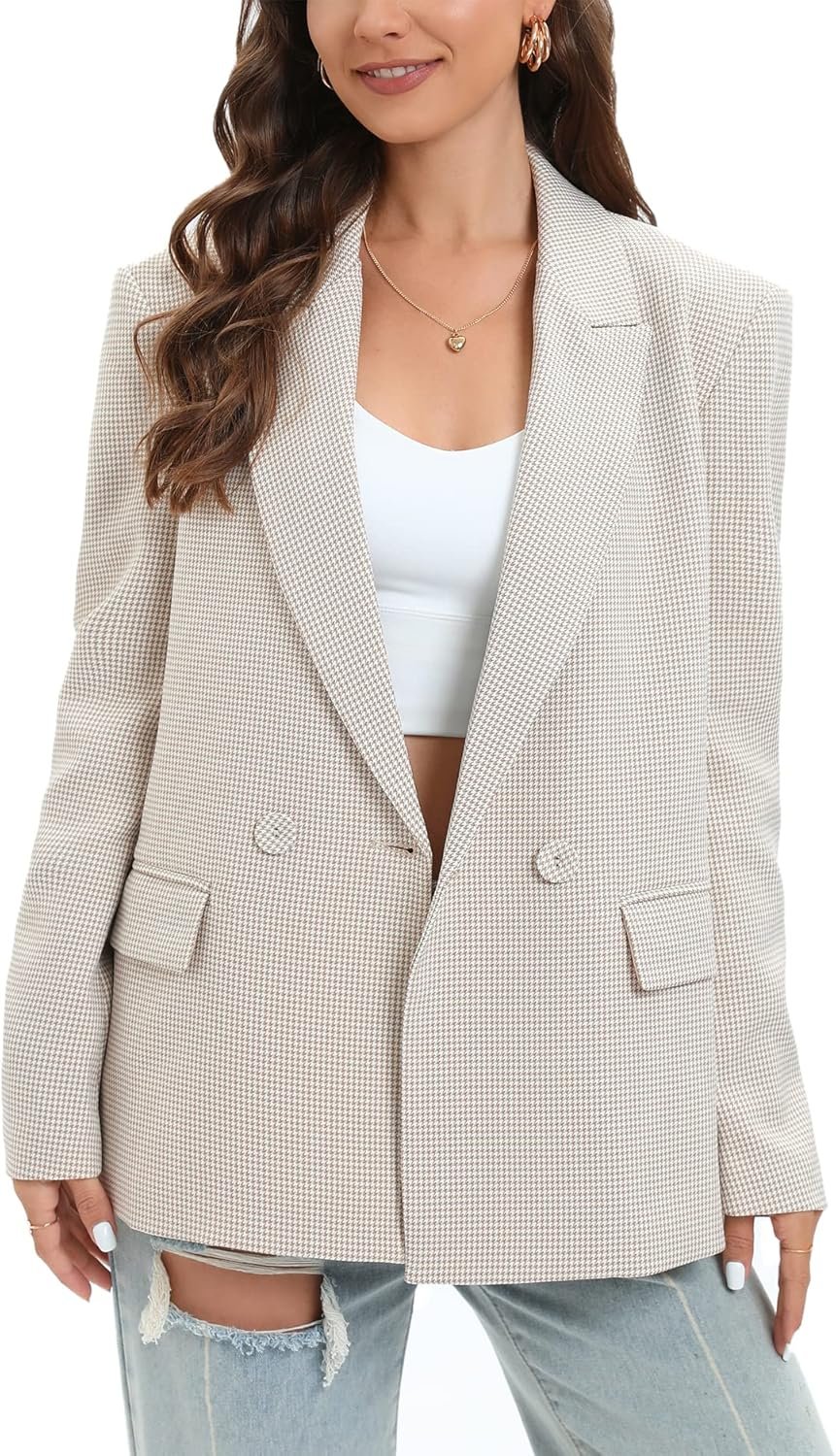 TRNY Women’s Oversized Double-Breasted Suit Blazer Jacket Long Sleeve Casual Boyfriend Style Work Office Blazer with Pockets
