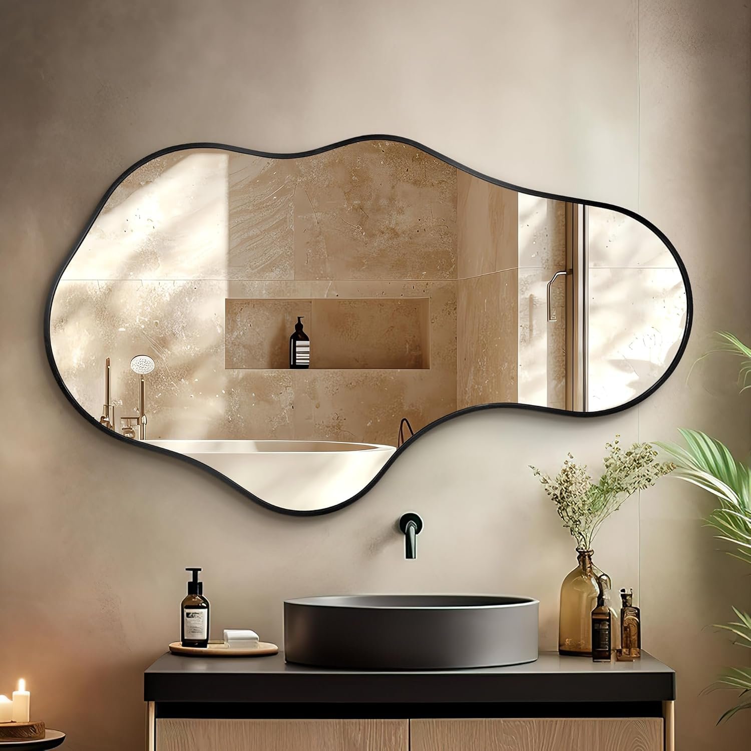 Irregular Wall Mirror – Wall Mirrors Decorative 22″x 36″ Asymmetrical Abstract Mirror Aviation Aluminum Alloy Frame Unique for Bathroom, Bedroom, Living Room, Cloakroom, Entryway Black