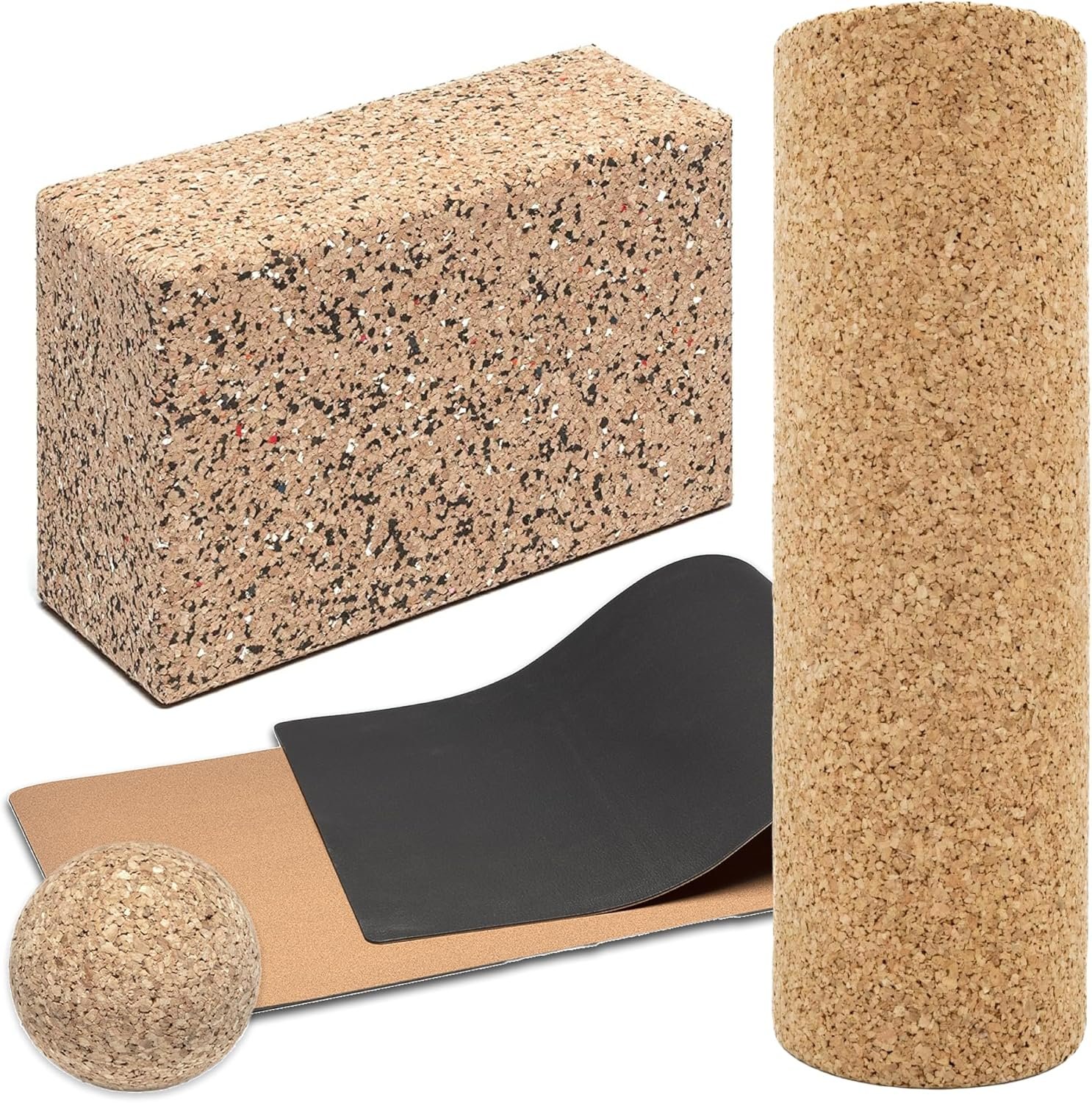 Go4Cork Cork Yoga Mat, Block, Body Roller & Massage Ball Set | Non-Slip & Lightweight | Essential Exercise Equipment for Fitness, Pilates & Home Gym | Support Muscle Release, Stretching & Recovery