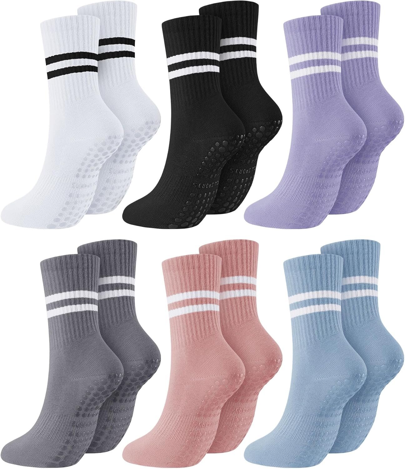 Sintege 6 Pairs Pilates Socks with Grips for Women Non Slip Yoga Crew Socks for Barre Ballet Dance Barefoot Workout Hospital