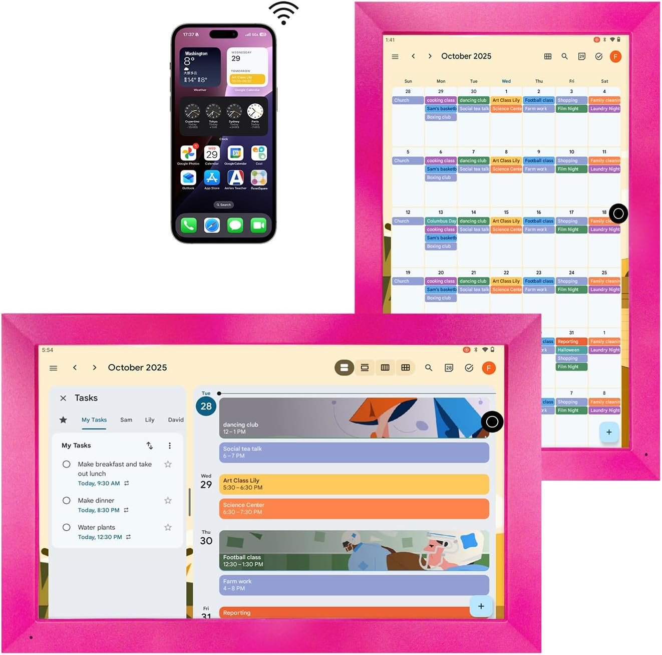 Changing 10.1″ Smart Display with Magic Mirror Touchscreen:Digital Google Calendar,Picture Frame,Voice Assistant,Homehub,App Store|Li-Battery|Speakers|Wall-Mount or Desktop|Gift for Girls&Women(Pink)