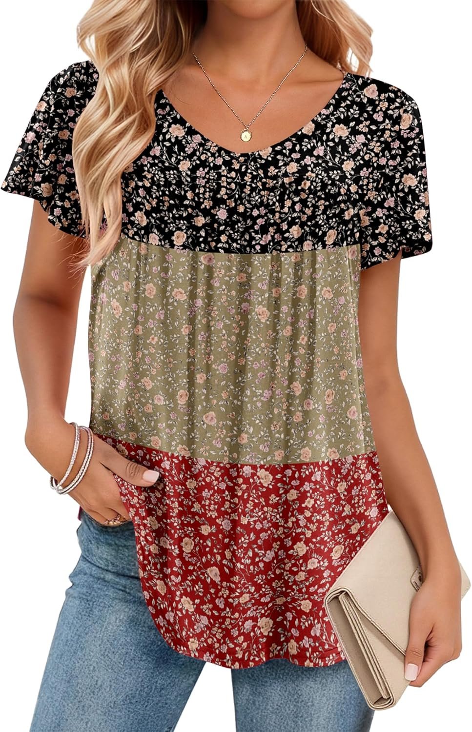 Zeagoo Women Tops Summer Ruffle Short Sleeve Shirts V Neck T Shirts Pleated Tunic Tops Work Blouses Business Outfits