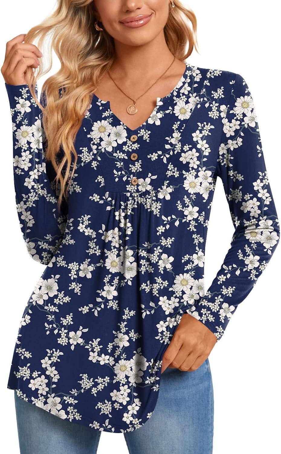 CATHY Womens Long Sleeve Tops 2026 Fall Fashion Henley Shirts Dressy Casual Pleated Tunic V-neck Button Down Blouses